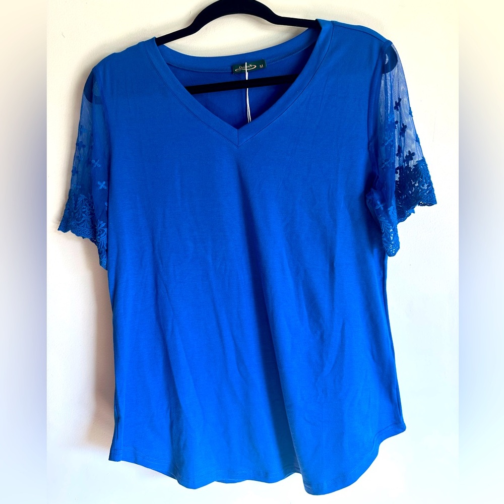 Blue V-Neck sheer short Sleeve Tee